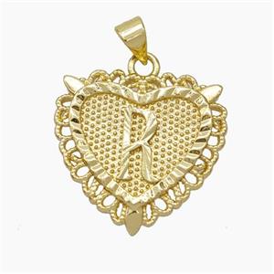 Copper Heart Pendant Letter-R Gold Plated, approx 22mm