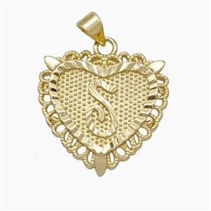 Copper Heart Pendant Letter-S Gold Plated, approx 22mm