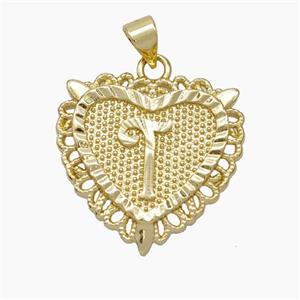 Copper Heart Pendant Letter-T Gold Plated, approx 22mm