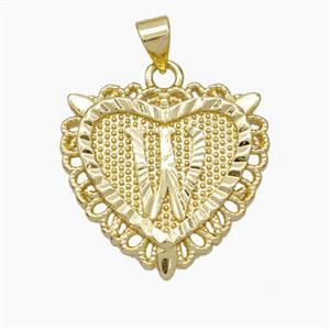 Copper Heart Pendant Letter-W Gold Plated, approx 22mm