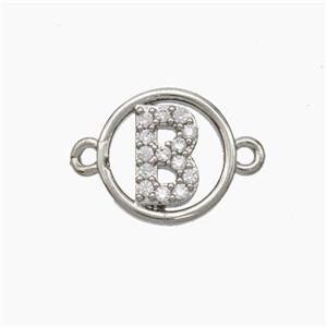 Copper Letter-B Connector Pave Zirconia Circle Platinum Plated, approx 13mm