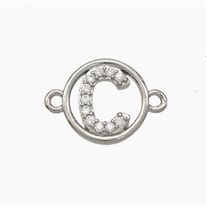 Copper Letter-C Connector Pave Zirconia Circle Platinum Plated, approx 13mm