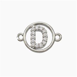 Copper Letter-D Connector Pave Zirconia Circle Platinum Plated, approx 13mm