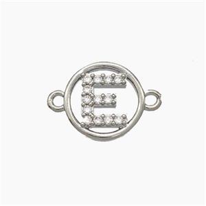 Copper Letter-E Connector Pave Zirconia Circle Platinum Plated, approx 13mm