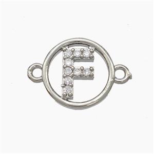 Copper Letter-F Connector Pave Zirconia Circle Platinum Plated, approx 13mm