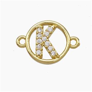 Copper Letter-K Connector Pave Zirconia Circle Gold Plated, approx 13mm