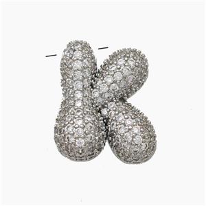 Copper Letter-K Pendant Pave Zirconia Platinum Plated, approx 15-22mm