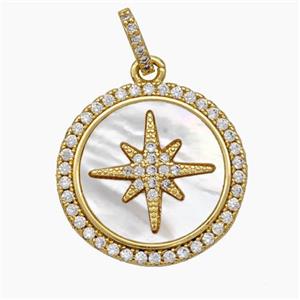 Copper Northstar Pendant Micropave Zirconia Shell Circle 18K Gold Plated, approx 22mm