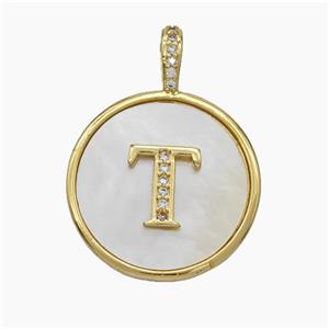 Copper Letter-T Pendant Pave Shell Zirconia Circle Gold Plated, approx 24mm