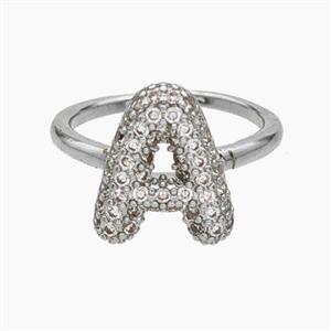 Copper Letter-A Rings Micropave Zirconia Platinum Plated, approx 9-14mm, 18mm dia