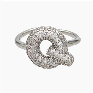 Copper Letter-Q Rings Micropave Zirconia Platinum Plated, approx 9-14mm, 18mm dia