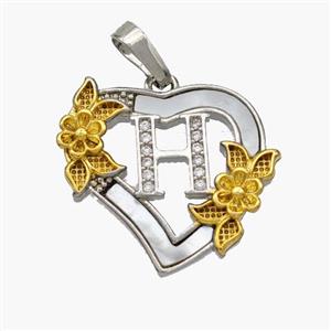 Copper Heart Pendant Pave Shell Zirconia Letter-H Platinum Plated 18K Gold Flower, approx 20mm
