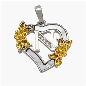 Copper Heart Pendant Pave Shell Zirconia Letter-N Platinum Plated 18K Gold Flower, approx 20mm