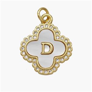 Copper Clover Pendant Pave Shell Zirconia Letter-D 18K Gold Plated, approx 17.5mm