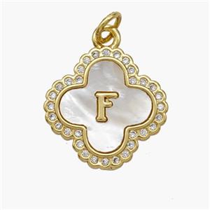 Copper Clover Pendant Pave Shell Zirconia Letter-F 18K Gold Plated, approx 17.5mm