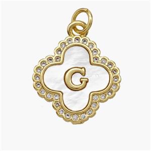 Copper Clover Pendant Pave Shell Zirconia Letter-G 18K Gold Plated, approx 17.5mm