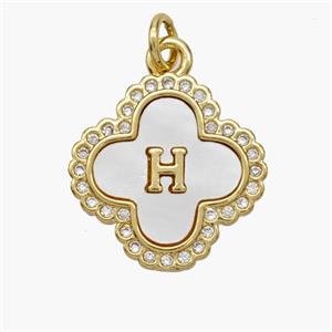 Copper Clover Pendant Pave Shell Zirconia Letter-H 18K Gold Plated, approx 17.5mm