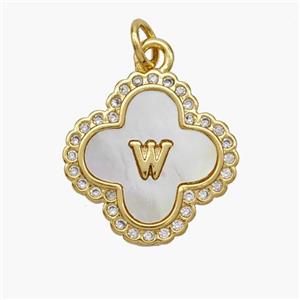 Copper Clover Pendant Pave Shell Zirconia Letter-W 18K Gold Plated, approx 17.5mm