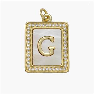 Copper Letter-G Pendant Pave Shell Zirconia Rectangle 18K Gold Plated, approx 17-20mm