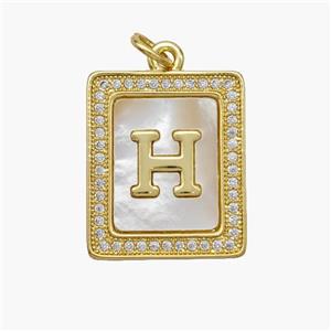 Copper Letter-H Pendant Pave Shell Zirconia Rectangle 18K Gold Plated, approx 17-20mm
