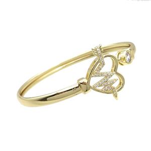 Copper Bangle Pave Zircon Heart Cardiogram Gold Plated, approx 7mm, 17-26mm, 50-60mm dia