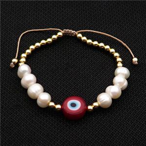 Pearl Bracelet With Lampwork Evil Eye Copper Adjustable, approx 12mm, 8mm, 4mm, 20-24cm length