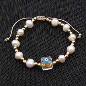 Pearl Bracelet With Evil Eye Copper Adjustable, approx 10mm, 8mm, 4mm, 20-24cm length
