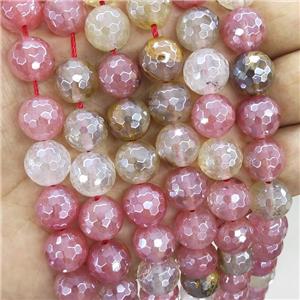 Pink Synthetic Quartz Beads Faceted Round Tigerskin Electroplated, approx 8mm dia