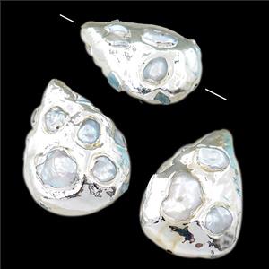 Cultured Pearl Beads, teardrop, silver plated, approx 30-40mm