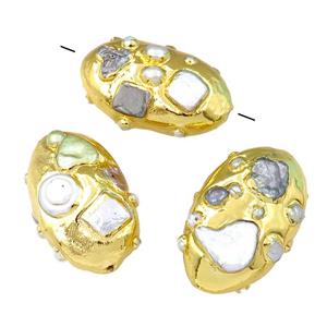 Pearl Beads, oval, gold plated, approx 25-45mm