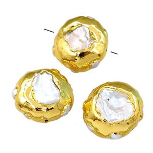 Pearl Beads, coin, gold plated, approx 25-30mm