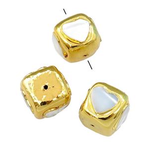 Mother of Pearl beads, cube, gold plated, approx 16mm