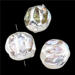 Cultured Pearl Beads, coin, silver plated, approx 25-30mm