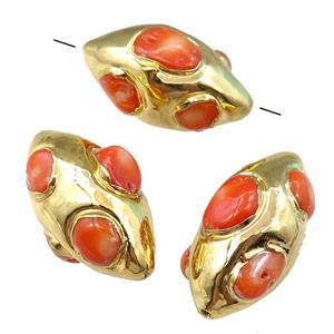 red Coral rice beads, gold plated, approx 20-35mm