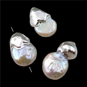 Cultured Pearl Beads, freeform, silver plated, approx 13-20mm