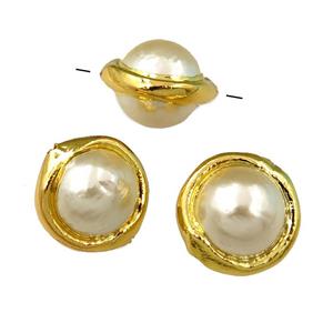 white Pearlized Shell Beads, round, gold plated, approx 14-18mm