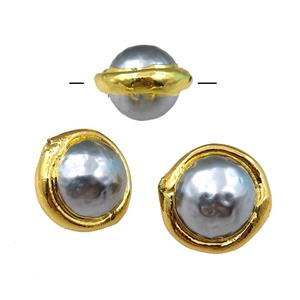 gray Pearlized Shell Beads, round, gold plated, approx 14-18mm