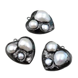 Cultured Pearl pendant, heart, black plated, approx 25mm