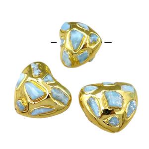 Larimar Beads, heart, gol dplated, approx 22-27mm
