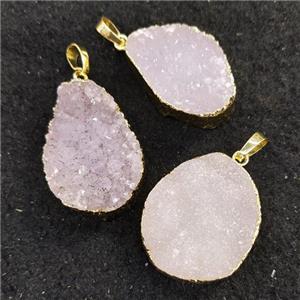 Agate druzy pendant, freeform, natural color, gold plated, approx 15-30mm