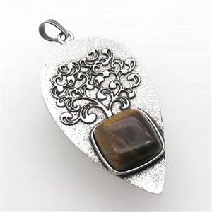Alloy Arrowhead Pendant Tree Pave Tiger Eye Stone Antique Silver, approx 30-58mm
