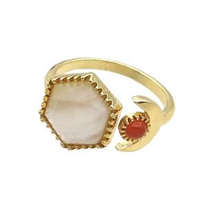 White Moonstone Copper Ring Hexagon Gold Plated, approx 9mm, 13mm, 18mm dia