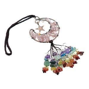 Rose Quartz Moon Pendant Tassel With Chakra Gemstone Copper Wire Wrapped Antique Red, approx 50mm, 110mm length
