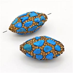 Clay Rice Beads Pave Yellow Rhinestone Blue Synthetic Turquoise, approx 16-33mm
