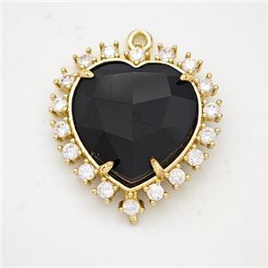 Natural Black Obsidian Heart Pendant Copper Pave Zirconia Gold Plated, approx 20mm