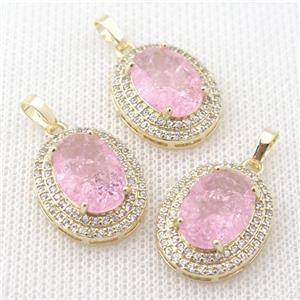 copper oval pendant paved zircon with pink crystal glass, approx 16-21mm