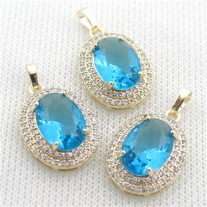 copper oval pendant paved zircon with skyblue crystal glass, approx 16-21mm
