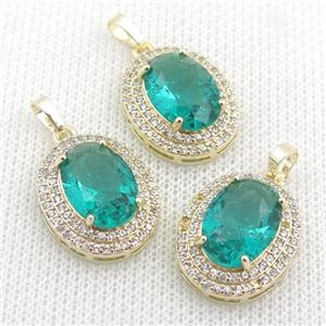 copper oval pendant paved zircon with green crystal glass, approx 16-21mm