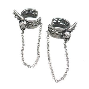 Stainless Steel Clip Earrings Skull Antique Silver, approx 13mm, 50mm length