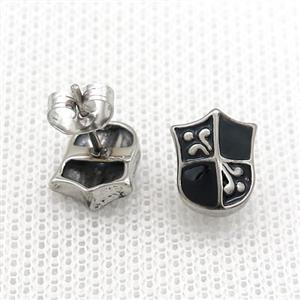 Stainless Steel Stud Earring Shield Antique Silver, approx 9-11mm